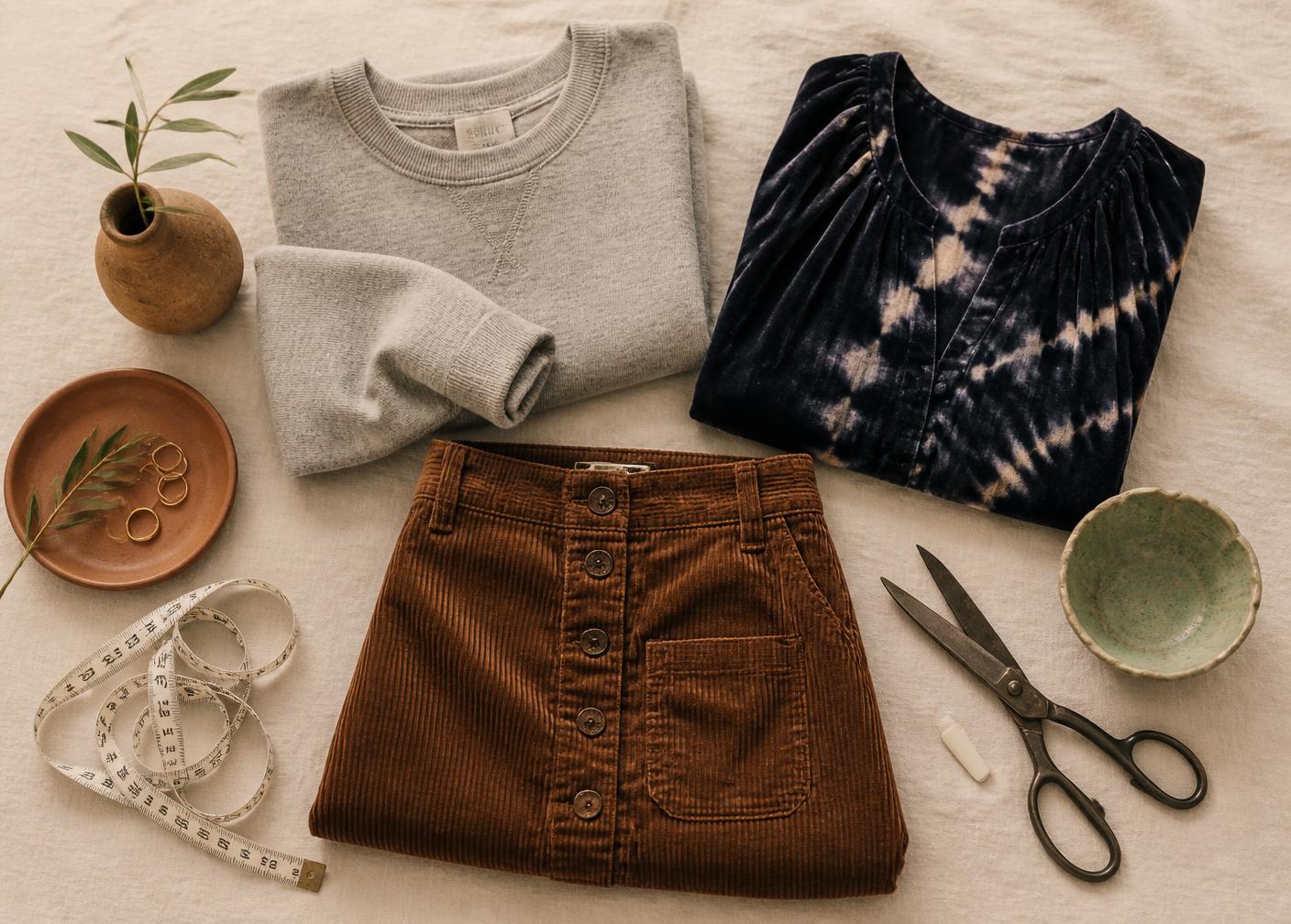 Beloved clothing pieces laid on linen with scissors, chalk and a measuring tape