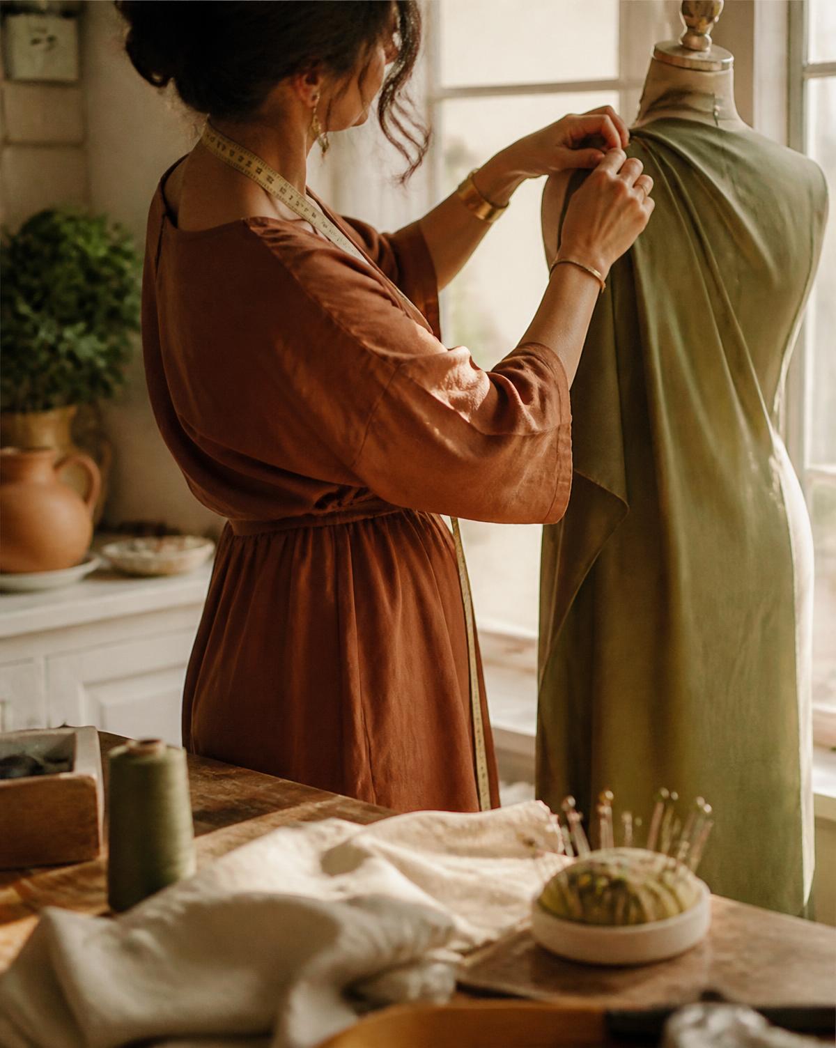 Rocio pinning fabric on a dress form in her sunlit atelier